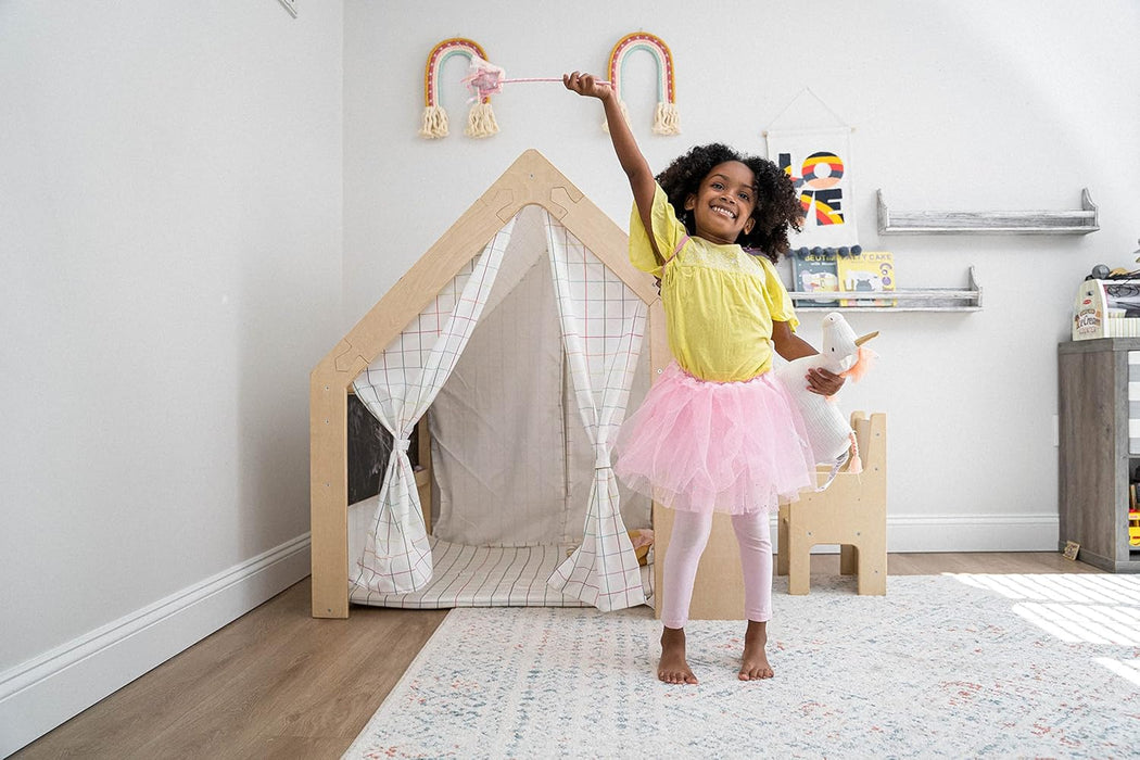 Flair Montessori Style Wooden 5 in 1 Indoor Playhouse Play Tent with Desk Table, Chair, Chalkboard, Floor Cushion and Curtain Shades for Babies, Toddlers, Kids (Large, Windowpane)