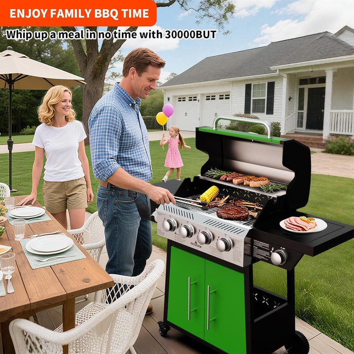 4-Burner Propane Gas BBQ Grill with Side Burner, 50,000 BTU Output Barbecue Grill with Stainless Steel Grates and Side Tables for Outdoor Cooking Kitchen, Patio and Backyard, Green