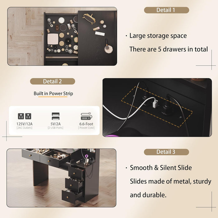 Makeup Vanity with Lights & Charging Station, Black Vanity Table with 5 Drawers & Open Storage Shelves, Vanity Desk with Mirror & Lights, Dressing Table Set, Bedroom Makeup Table Set Black Handle