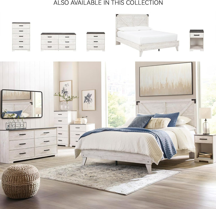 Signature Design by Ashley Shawburn Industrial Queen Crossbuck Panel Platform Bed with Metal Slats, Foundation or Box Spring Not Needed, Whitewash