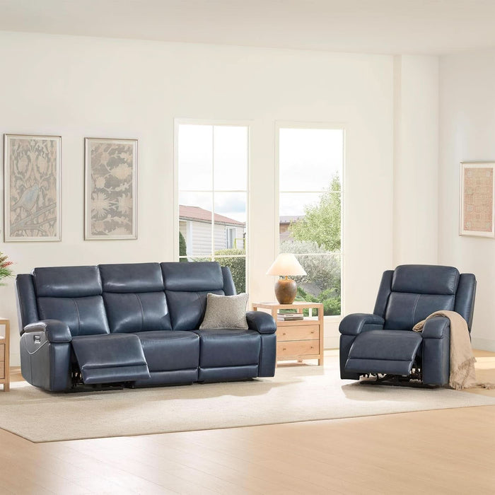 Genuine Leather Power Recliner Sofa, 3 Seater Wall Hugger Reclining Sofas with Power Headrest, USB & Typec Ports, Electric Recliner Couch Set for Living Room, Navy