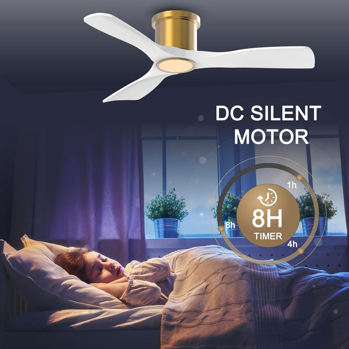 52 Inch Smart Ceiling Fan with Light and Remote, Indoor 3 Blade White Gold Low Profile Flush Mount Modern Ceiling Fan for Bedroom Living Room