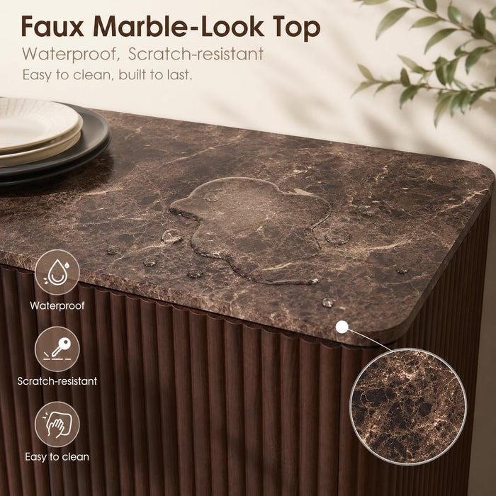 64" Fluted Sideboard Buffet Cabinet with Faux Marble Top, Dark Walnut | Wood Credenza with Storage Shelves, Modern Console Table for Coffee Bar, Dining Room, Kitchen, Living Room & Entryway