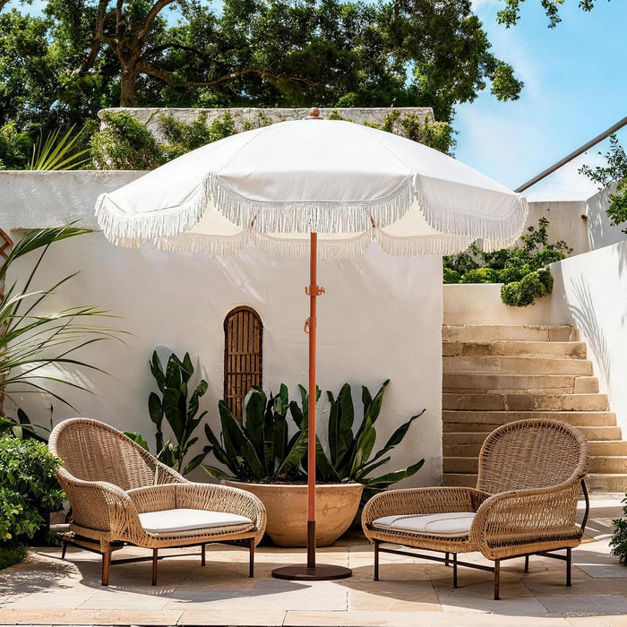 7.3Ft Cream/White Boho Fringe Beach Umbrella, 8Mm Ribs, Sand Anchor