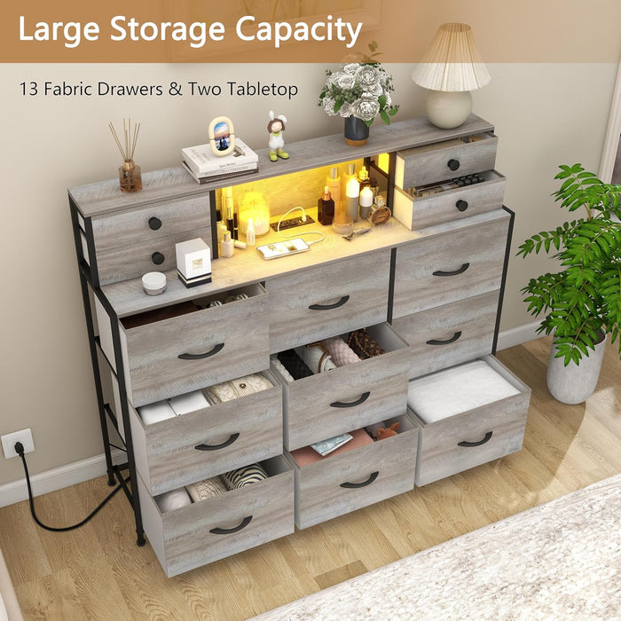 Grey Dresser with Power Outlets and LED Lights 13 Drawers Long Dresser for Bedroom Faux Leather Fabric Chest of Drawers for Living Room Hallway Entryway Closets Sturdy Frame Wood Top