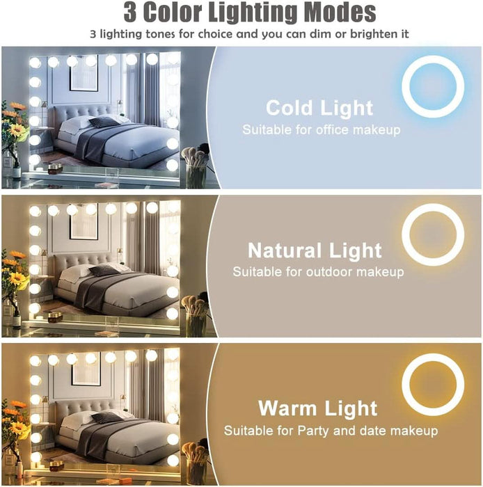 Vanity Mirror with Lights and Bluetooth Speaker 32"X 22.8" Hollywood Makeup Mirror with 18 LED Bulbs, Large Lighted Mirror with 3 Color Modes, USB Charging, 10X Magnification, Tempered Glass