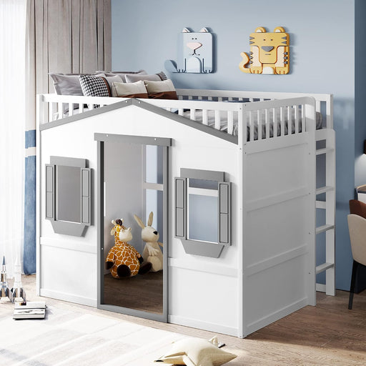 Full Size Loft Bed With Playhouse WhiteGraySolidPine