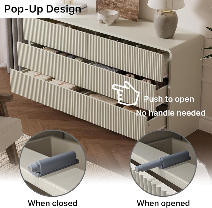 55" Wide Modern Curved 6 Drawer Dresser，Beige