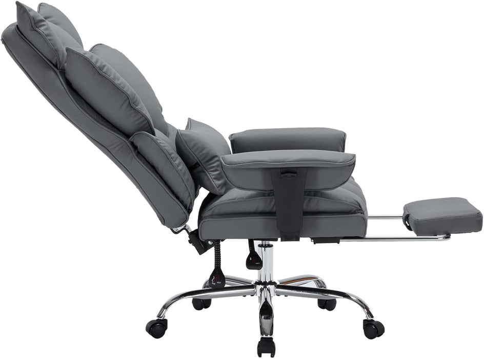 Big and Tall Office Chair, Executive Leather Office Chair with Footrest, 400Lbs Ergonomic Gaming Chair for Adults, Wide Seat Computer Desk Chair with Lumbar Support, 150 Degree Reclining, Gray