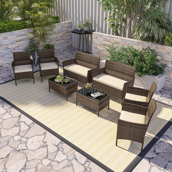 8-Piece Patio Furniture Set - Rattan Outdoor Conversation Bistro Set W/Cushions, Glass Coffee Table, Wicker Chairs & Loveseat for Garden Backyard Porch, Balcony Furniture Set (2, Beige)