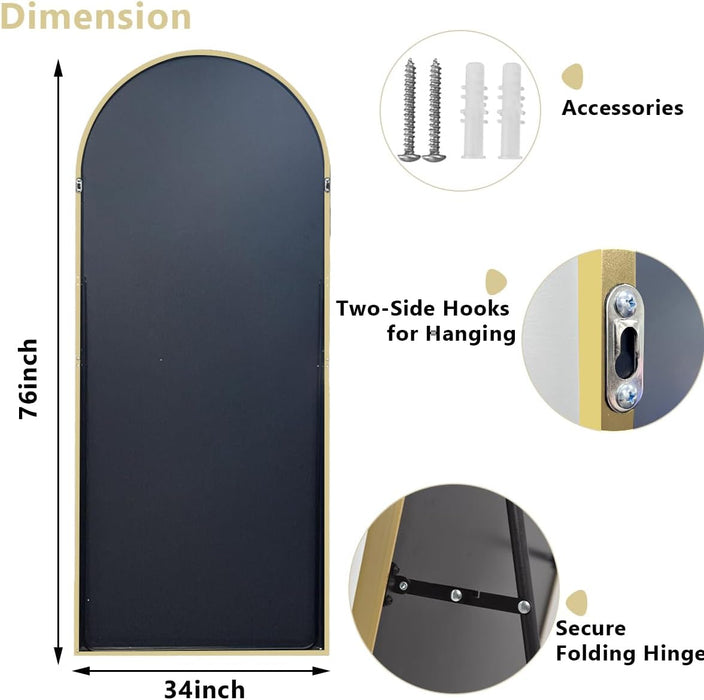 Oversized Full-Body Mirror, 76" X 34" Arched Full-Length Mirror, Gold Metal Frame, Floor Mirror for Bedroom, Living/Dressing Room, Gym - Stand/Wall Mounted/Leaning
