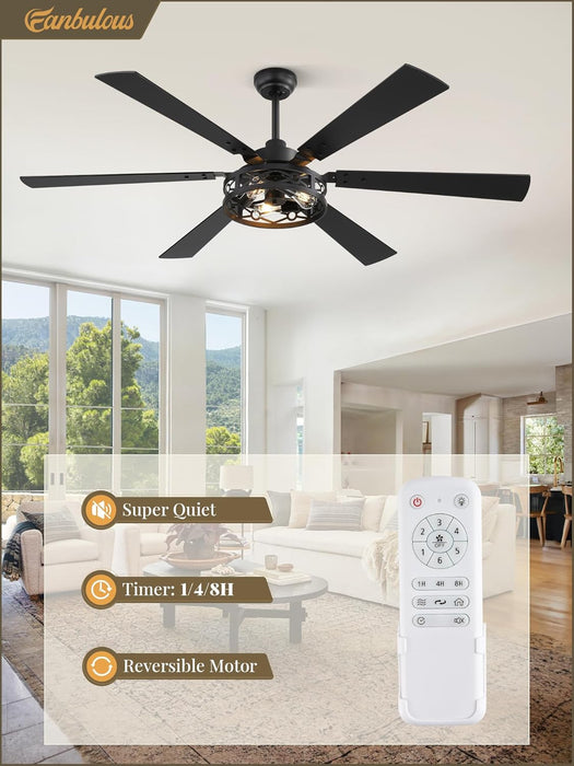 65 Inch Ceiling Fan with Lights, Farmhouse Caged Ceiling Fans with Remote, Black Industrial Ceiling Fans with Quiet Reversible DC Motor, Large Ceiling Fan for Living Room, Bedroom