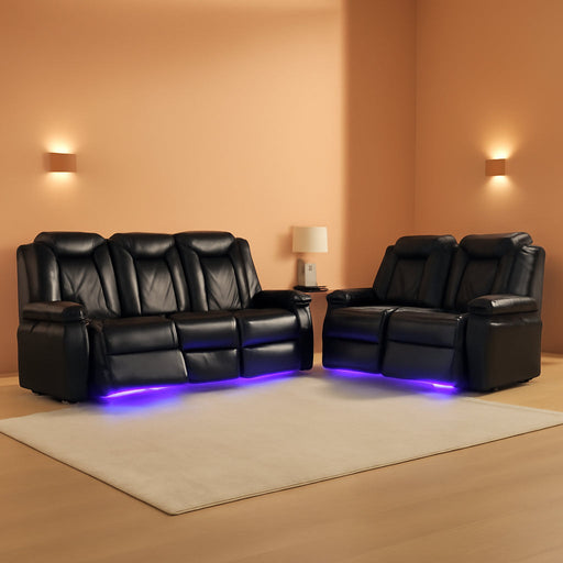 Power Recliner Sofa Set with LED Lights,Leather Living Room Furniture Set with USB Port/Cup Holders,Reclining Sofa for House/Home Theater(Sofa&Loveseat 2 Pieces, Black)