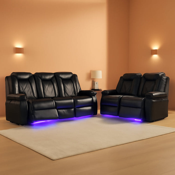 Power Recliner Sofa Set with LED Lights,Leather Living Room Furniture Set with USB Port/Cup Holders,Reclining Sofa for House/Home Theater(Sofa&Loveseat 2 Pieces, Black)