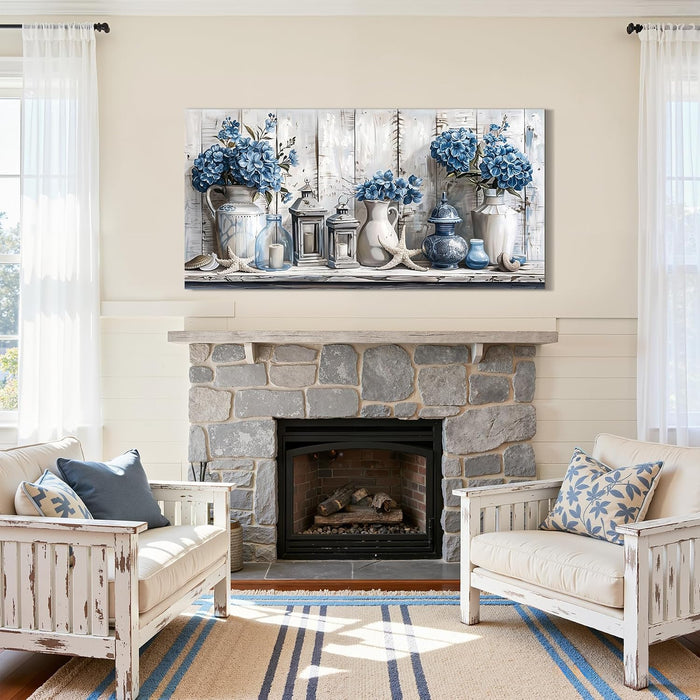 Floral Wall Art, Large Wall Art, Rustic Wall Decor, Nautical Still Life Art Prints, Blue Hydrangea Canvas Pictures, Grey Paintings for Living Room Bedroom Bathroom Kitchen Farmhouse 20"X40"