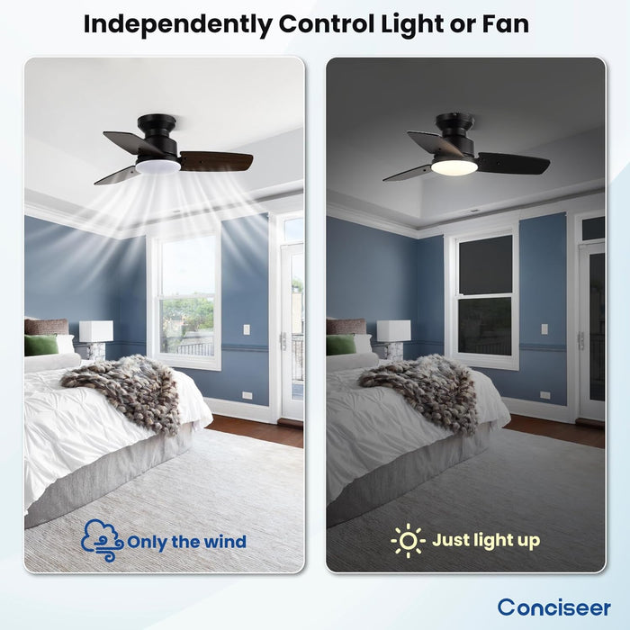 30 Inch Ceiling Fans with Lights and Remote, Bedroom Living Room Office, Flush Mount, 3CCT Dimmable, Dual Color 3 Blades 6 Speed Reversible Quiet DC Motor, Black/Wood Grain