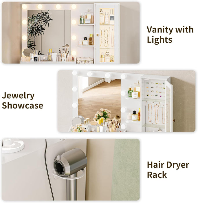 Vanity Desk with Mirror and Lights, White Makeup Vanity Mirror with Lights Desk with 5 Drawers, Jewelry Organizer& LED Glass Cabinet, 3 Light Mode Dressing Table Set for Girls, Women