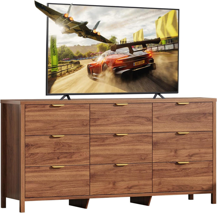 Fluted Dresser for Bedroom with 9 Drawers, 63" Modern Chest of Drawers, Dresser TV Stand, Wood Drawer Organizer for Living Room, Hallway, Chestnut