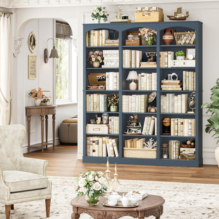 71" Triple Wide Bookshelf, 6 Tier Tall Bookshelf, Large Arched Bookcase with Curved Baffle, 63.4" Wide Book Shelf with 18 Open Display Shelves for Living Room, Study, Blue
