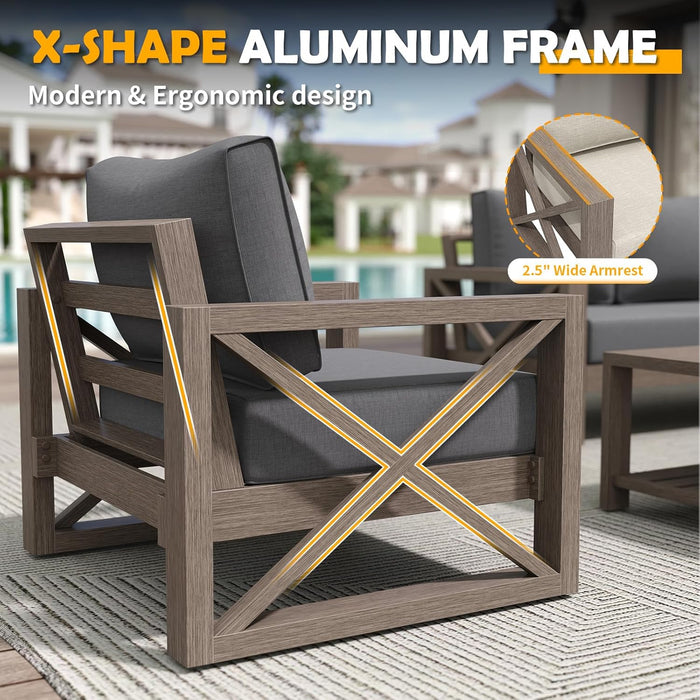 Aluminum Patio Furniture Set, 8 Pieces Modern Metal Outdoor Furniture, Faux Wood Grain Finish Frame Patio Sofa Sets with 6" Cushion for Backyard, Dark Grey (Included Waterproof Covers)