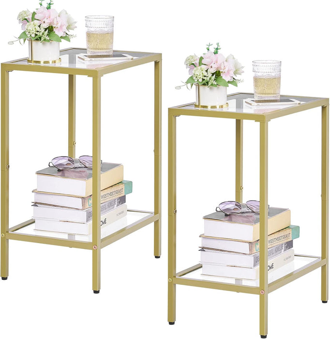 Side Tables Set of 2, End Tables with Tempered Glass, 2-Tier Nightstands with Storage Shelves, Coffee Table with Modern Style, Slim Sofa Table for Living Room, Bedroom, 11.8" D X 15" W, Golden