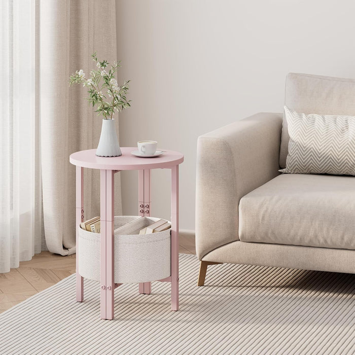 Small round Side Table, Accent End Table with Storage Basket, Set of 2 Half round Coffee Table End Table, Half Moon Bedside Table, Modern Nightstand Couch Table for Living Room Bedroom, Pink