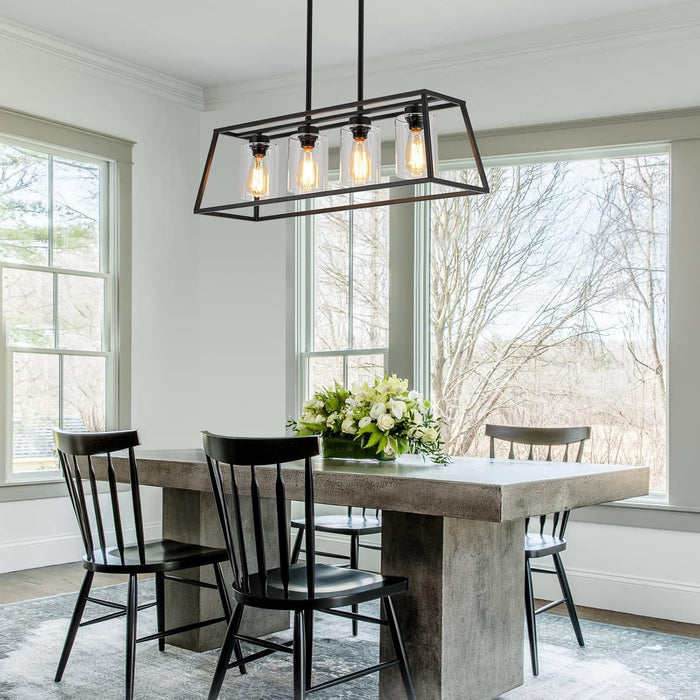 Black Farmhouse Chandeliers for Dining Room, Rustic Kitchen Island Light Fixture, 4-Light Linear Pendant Lights Kitchen Island with Glass Shade ，Apply to Dining Room Light Fixtures over Table