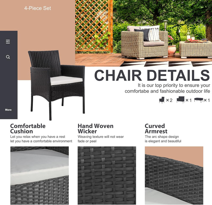 4 Piece Outdoor Patio Furniture Sets, Small Wicker Patio Conversation Furniture Rattan Chair Set with Tempered Glass Coffee Table for Backyard Porch Garden Poolside Balcony,Black