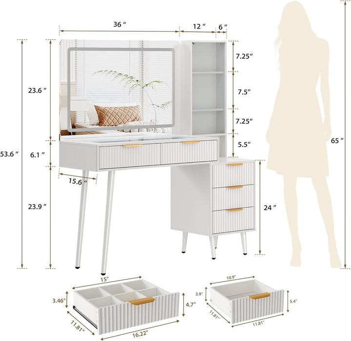 Makeup Vanity Desk with Mirror and Lights, 48" Fluted Makeup Table with Glass Top, Vanity Desk with 5 Drawers, Open Shelf & Power Outlet, Modern Dressing Table for Bedroom Living Room