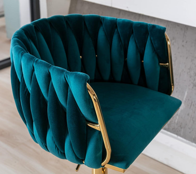 Modern Swivel Bar Stools Set of 2, Velvet Adjustable Height Barstool with Barrel Back Kitchen Island Counter Bar Chair with Golden Base, Teal Green