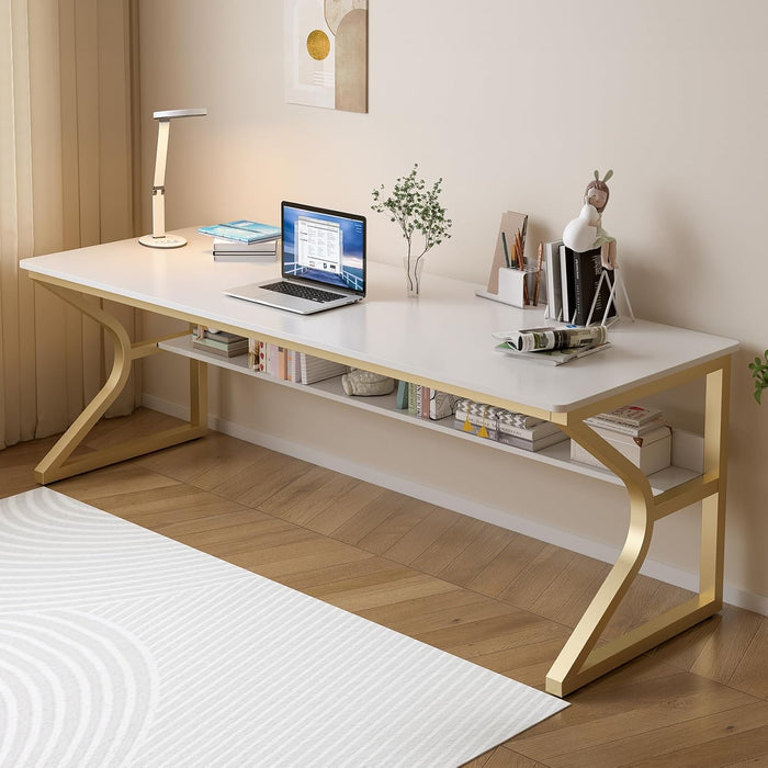 71-Inch Extra Long Desk with Storage Shelf, Gold