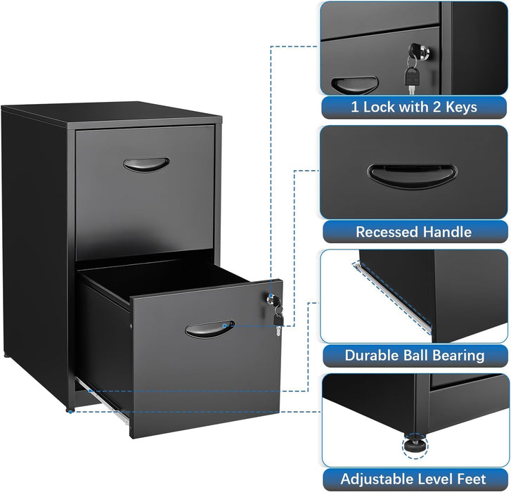 2 Drawer Filing Cabinet with Lock, Black Metal File Cabinets for Home Office, Light Duty Locking Vertical File Cabinet, Steel File Storage Cabinet for Hanging Letter Size File - Assembly Required