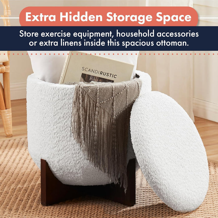 Decor round Ottoman with Storage, Boucle White Teddy round Vanity Chair Stool Ottoman Pouf with Storage for Living Room and Bedroom