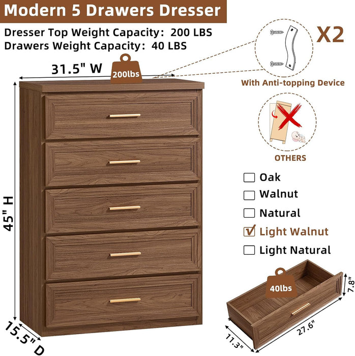 Dresser for Bedroom 5 Drawer 45" Tall with Gold Handle Closet Storage