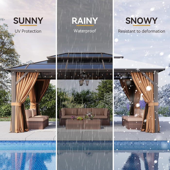 12'X16' Hardtop Gazebo, Outdoor Metal Gazebo with Double Polycarbonate Roof Canopy, Permanent Pavilion with Netting and Curtains for Lawn, Garden, Patio (Brown)