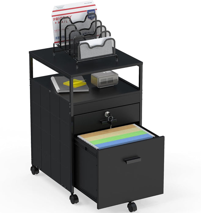 Rolling Mobile File Cabinet W/ 2 Drawers & Open Shelf, Black