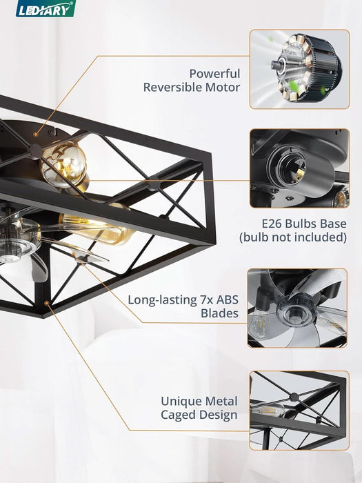 Caged Flush Mount Ceiling Fans with Lights and Remote, Black Square Rustic Low Profile Ceiling Fan, 6 Speed and Reversible, Small Farmhouse Bladeless Ceiling Fan for Bedroom, Kitchen, Indoor