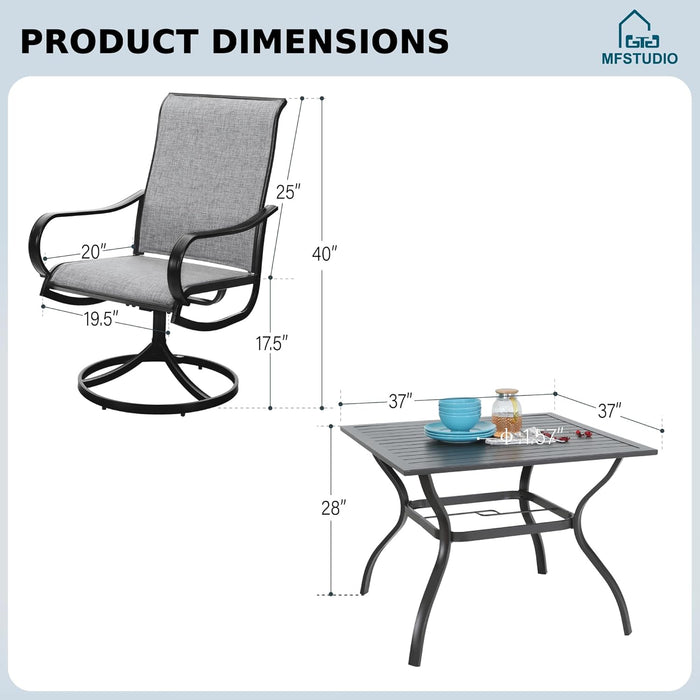 Patio Dining Set for 4, All Weather Outdoor Furniture Set with 4 Sling Swivel Chairs, 1 Square Metal Table, Light Grey Fabric