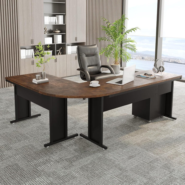 83" L-Shaped Executive Desk, Large Office Desk with Drawers, Industrial Corner Computer Table with Rolling File Cabinet, Business Workstation for Home Office (Brown, 83 Inches)