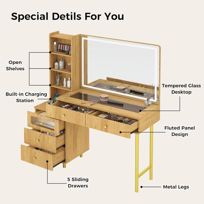 Vanity Desk with Mirror and Lights, Fluted Makeup Vanity with Glass Top, 48" Modern Vanity with 5 Drawers & Open Shelves, 3 Lighting Modes Adjustable Brightness for Bedroom, Natural