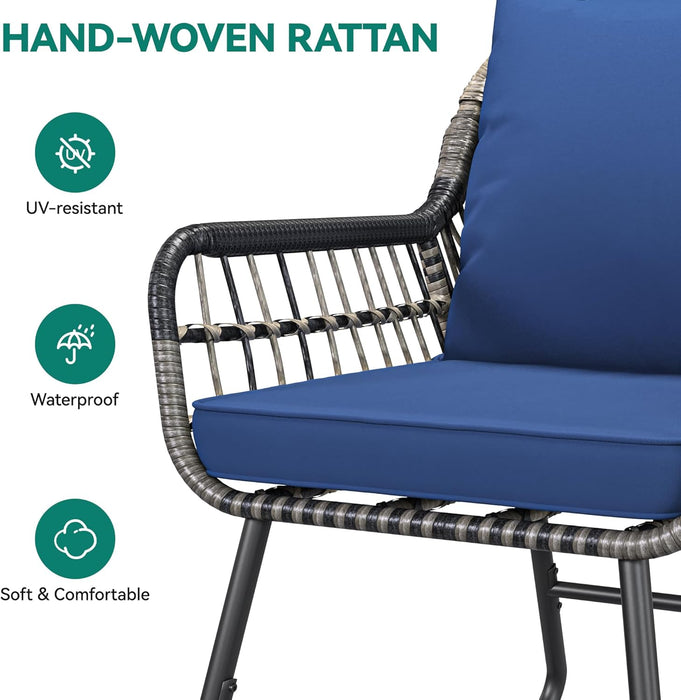 4-Piece Patio Furniture Wicker Outdoor Bistro Set, All-Weather Rattan Conversation Loveseat Chairs for Backyard, Balcony and Deck with Soft Cushions and Metal Table (Navy Blue)