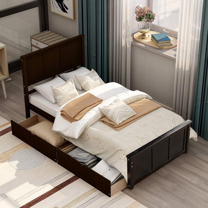 Twin Platform Beds with Storage Drawers Solid Wood Twin Bed Frame with Headboard and Footboard, No Box Spring Needed, Espresso