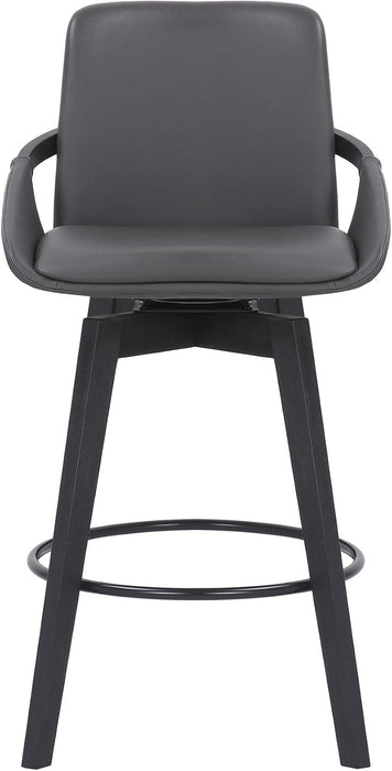 Baylor Mid Century Modern Swivel Bar Stool for Kitchen Island Counter in Gray Faux Leather and Black Wood, 26" Seat Height