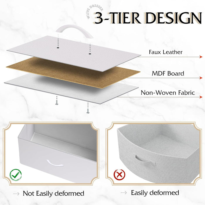 Dresser with 4 Drawers, Storage Tower, Organizer Unit, Fabric Dresser for Bedroom, Hallway, Entryway, Closets, Sturdy Steel Frame, Wood Top, Easy Pull Handle, White