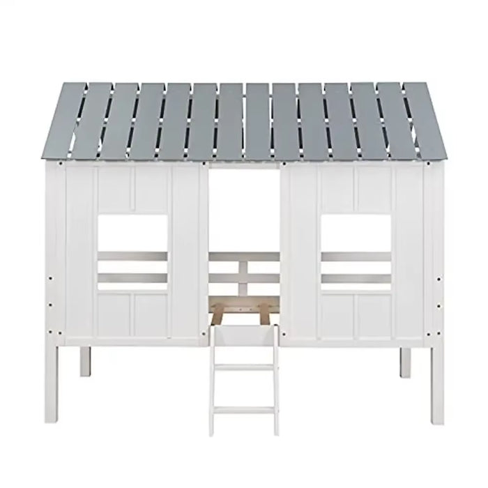 Wooden Twin House Bed Frame White/Grey Roof Boys and Girls Playhouse Design Semi-Enclosed Space No Box Spring Needed Sturdy Pine