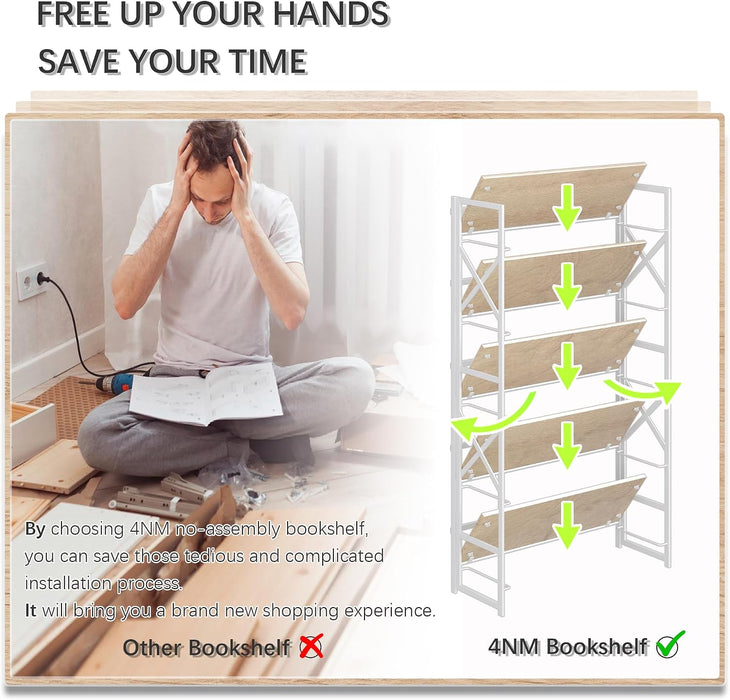 Extra Wide 5 Tiers No Assembly Book Shelves, 51.2" H Folding Bookshelf Bookcase Open Industrial Foldable Shelves for Bedroom, Living Room, Home Office - Natural White