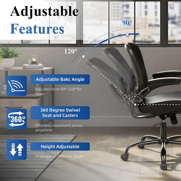 Ergonomic Office Chair, Flip-Up Armrest, Mesh Back PU Leather Seat