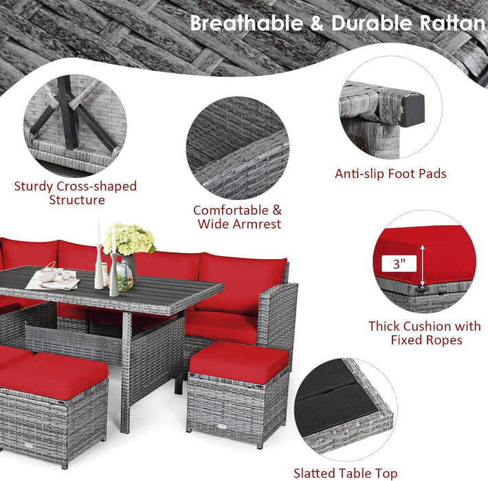 7 Pieces Patio Furniture Set, Outdoor Sectional Rattan Sofa Set with Cushions, All Weather Wicker Conversation Couch Set W/Dining Table & Ottomans for Backyard Garden Poolside