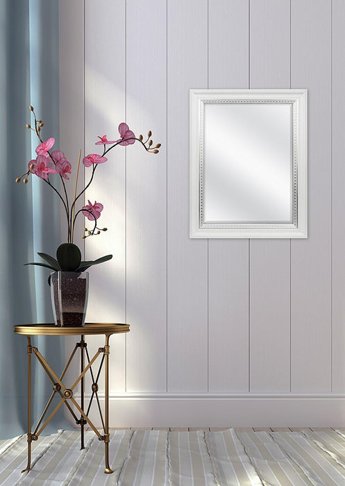 23X29 Large Wall Mirror, White Woodgrained Frame with Silver Embossed Detail & Beveled Detail Mirror, Vertical & Horizontal Wall Hanging Mirror for Bathroom, Bedroom & Livingroom