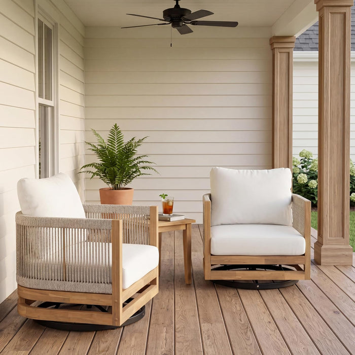Sue Outdoor Acacia Wood Swivel Accent Chairs Set of 2 with Cushions, 360° Rotating Lounge Chair Outdoor with Rope Accent, Outdoor Swivel Chairs for Garden, Natural + Beige
